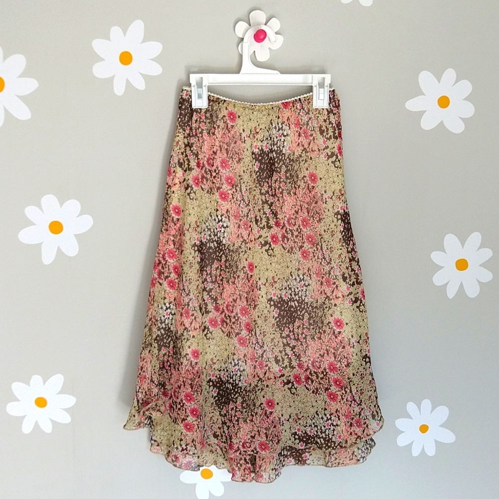 Kim Rogers Petite 90s Y2K Brown, Pale Green, & Pink Ruffle Midi Skirt - Picture 2 of 8